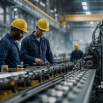 Interior de uma fábrica brasileira com máquinas industriais e trabalhadores em ambiente de produção