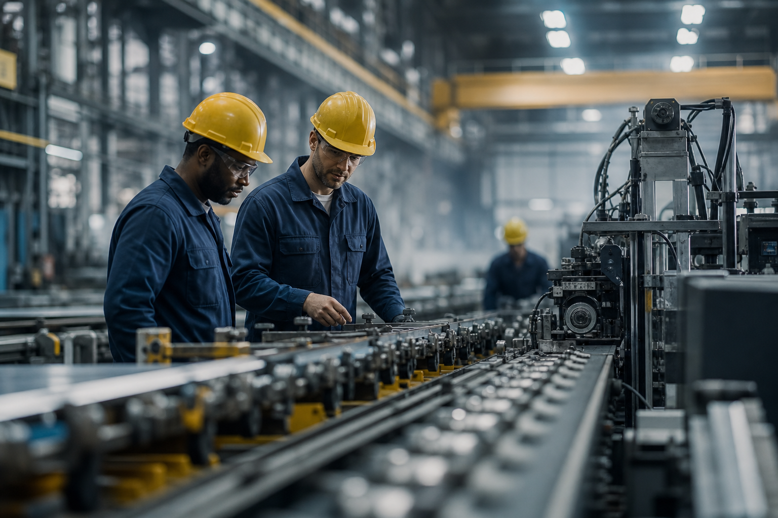 Interior de uma fábrica brasileira com máquinas industriais e trabalhadores em ambiente de produção