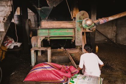 Trabalhadora opera uma máquina de moagem de milho em ambiente industrial.