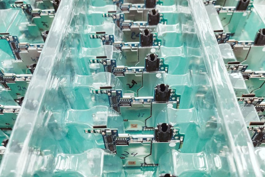 Placas de circuito eletrônico organizadas em um ambiente de produção industrial